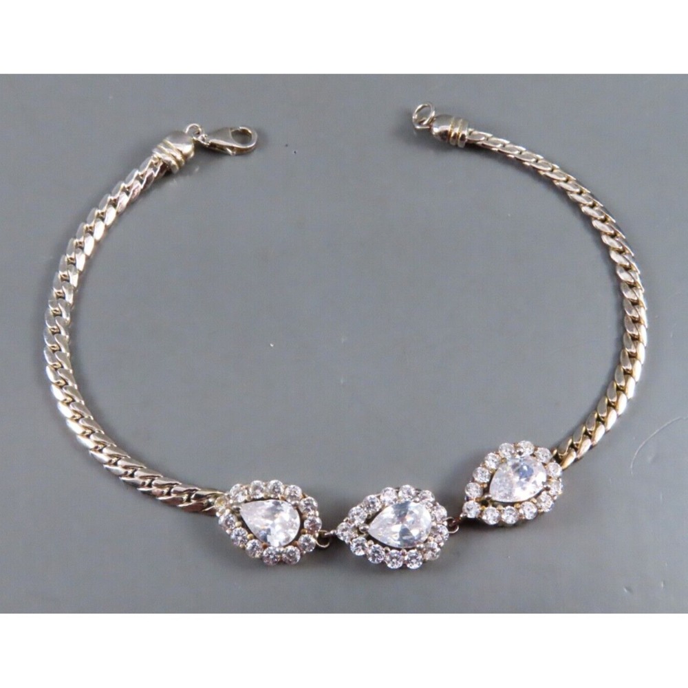 STERLING SILVER Chain Bracelet PEAR w/HALO STATIONS PANELS Clear CZ's PRETTY!!
